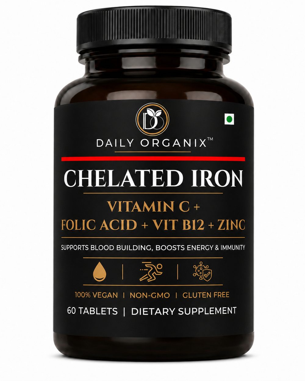 Chelated Iron + Vitamin C + Folic Acid + Zinc + Vitamin B12 — amber bottle